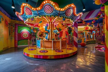 Fototapeta premium A colorful carousel with lights and decorations in a carnival setting, A whimsical carnival with bright, swirling colors and festive decorations