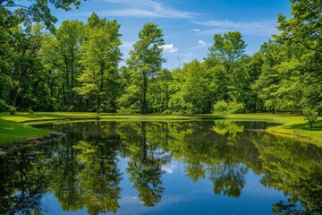 Fototapeta premium A serene pond reflecting the surrounding trees on a sunny summer day, A tranquil pond reflecting the surrounding trees