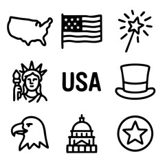 Naklejka premium A collection of black and white icons representing the United States, including the flag, eagle, landmarks, and patriotic imagery