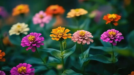 Vibrant blooming zinnias in pink, orange, yellow, and purple against green foliage.
