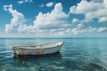 Naklejka premium Little white boat on a calm sea.