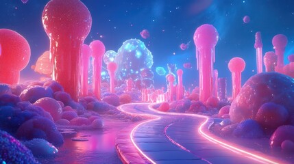 Surreal pink landscape in a dreamy cosmic fantasy with alien flora