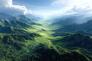 Naklejka premium Vast, verdant valley nestled between towering mountain ranges.