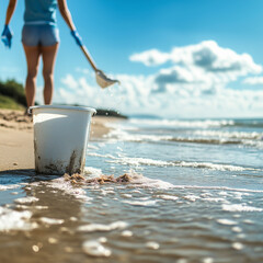 Trash can on the beach shore.
