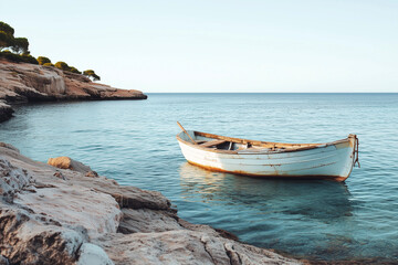 Fototapeta premium Little white boat on a calm sea.