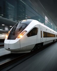 Fototapeta premium Sleek white high speed train glides through modern urban tunnel with blurred motion and city backdrop conveying speed and efficiency in transportation