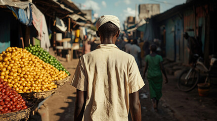 Fototapeta premium Poverty Awareness Concept, Person walking through vibrant market filled with fresh produce, showcasing lively atmosphere