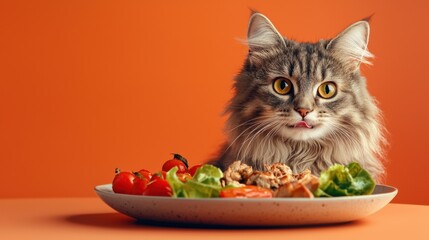 Fluffy gray cat with yellow eyes intently observes delicious plate of chicken and fresh salad on vibrant burnt orange background, animal lifestyle moment