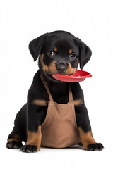 Fototapeta premium Charming Rottweiler puppy in apron holding red dog food plate, portraying humorous and cute pet behavior on white background