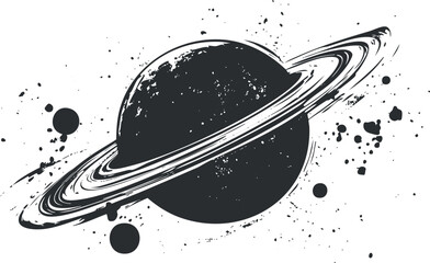 Black and white artistic illustration of a ringed planet resembling Saturn with splatter texture