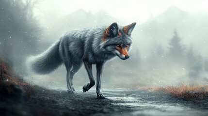 Mysterious wolf in misty forest digital painting