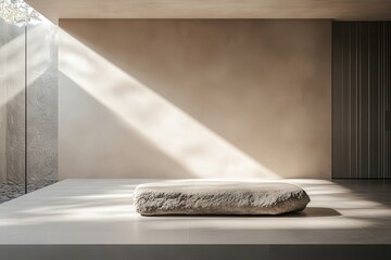 Neutral minimalist interior display featuring a large stone slab.