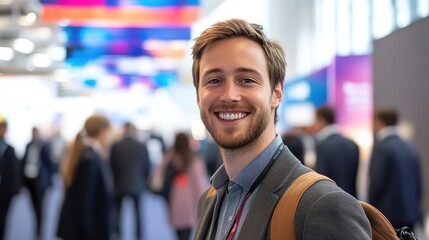 Fototapeta premium A smiling blonde bearded man in a suit jacket, shirt, and brown backpack at a lively exhibition with blurred crowds and colorful booths.