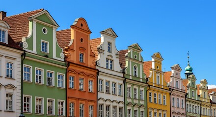 Fototapeta premium The photograph showcases a line of colorful, historic buildings with characteristic gabled roofs, creating a unique urban scene, potentially in Warsaw, Poland.