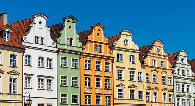 Vibrant pastel and earth-toned facades characterize a series of historic buildings with distinctive gabled architecture in a European urban setting, potentially Warsaw's Kanonia Street.
