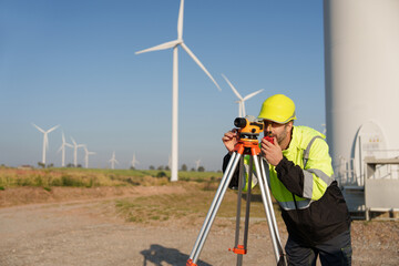 Engineers inspect wind farms, power generation systems, natural industries and environmental concepts, clean energy.