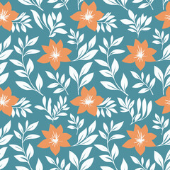 seamless pattern design features orange flowers and white leaves on a teal background, creating an elegant and stylish botanical print