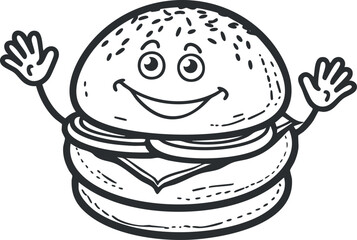 Black and white cartoon illustration of a smiling cheeseburger character waving both hands