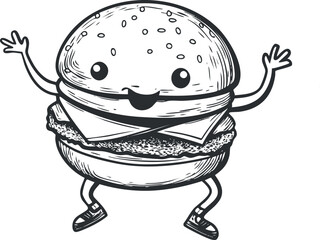 Black and white cartoon illustration of a happy cheeseburger character with arms and legs.