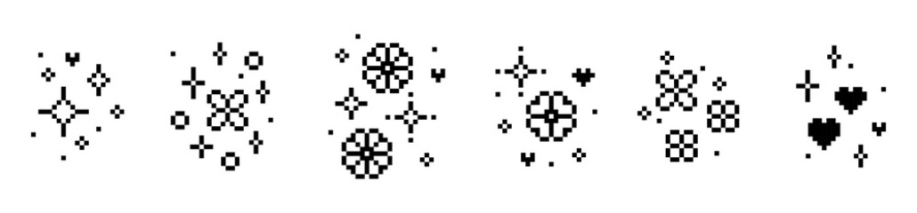 Set of pixel art icons with flower, heart, star. Y2k sparkles emoji. Mood of 90s aesthetics. 8 bit retro style editable vector illustration. Simple geometric shape. Game abstract elements