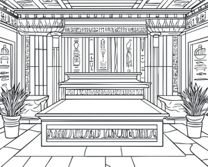 Black and white line art illustration of an ancient Egyptian tomb interior with hieroglyphs and sarcophagus