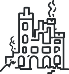 Black line art icon of an industrial factory building with chimneys emitting smoke