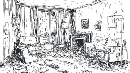 Black and white sketch of an abandoned living room interior with damaged furniture and cluttered floor