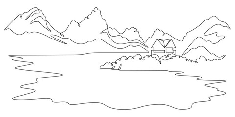Continuous one line drawing residential house on the shore of a mountain lake. Mountain landscape. House on the lake.
