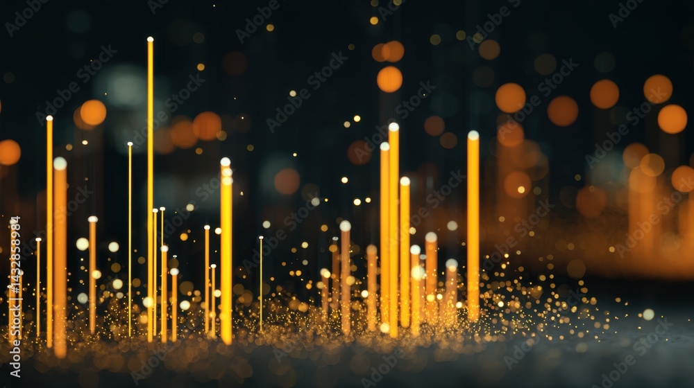 Poster abstract golden light beams rising from a dark surface creating a futuristic and dynamic visual effe