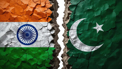 A cracked wall which separates India and Pakistan flags representing tensions between countries at border
