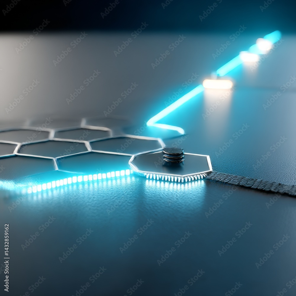 Poster Advanced Tech: Futuristic Circuit Board with Glowing Connections and Data Transfer Visualization 