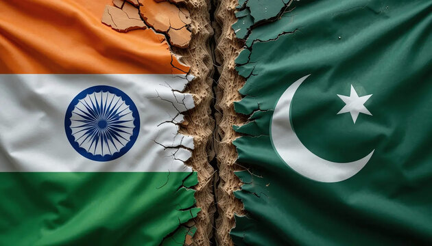 A cracked wall which separates India and Pakistan flags representing tensions between countries at border