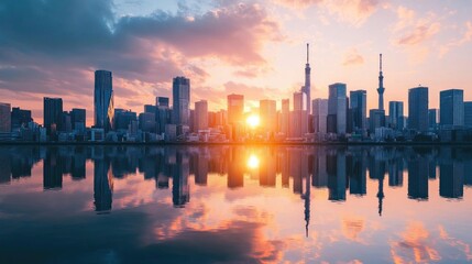 Reflections of Tokyo skyline on still water during sunset