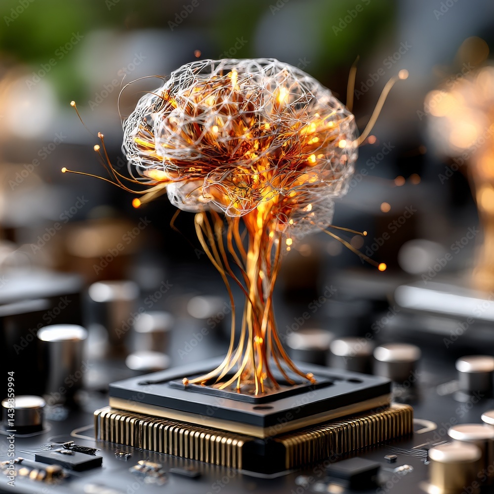 Poster artificial intelligence brain concept: wired neural network on a computer chip