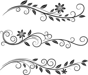 Elegant Floral Divider and Swirl Ornament Line Design Set. Decorative Line Flourishes and Vintage Calligraphic Elements. Black Floral Divider and Filigree Ornament Line Art Collection