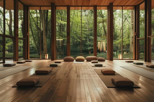 Empty clean yoga gym room studio interior with big windows mats on wooden floor. Place for yoga exercises group meditation practices retreats sessions background in natural forest garden area building