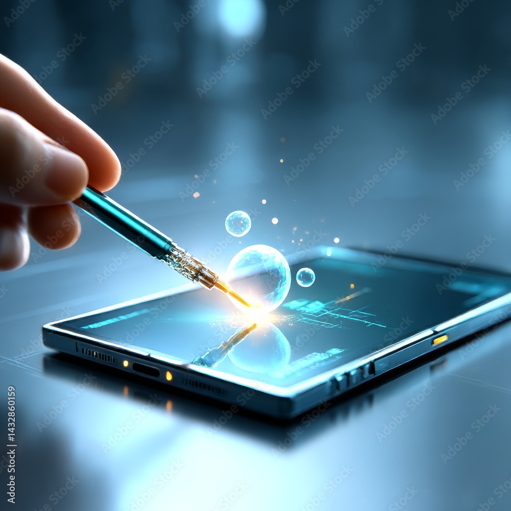 Poster a touch of brilliance: futuristic stylus interacting with tablet display in sleek blue tones
