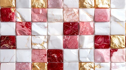 Checkerboard Mosaic of Pink Red White and Gold Marble Tiles