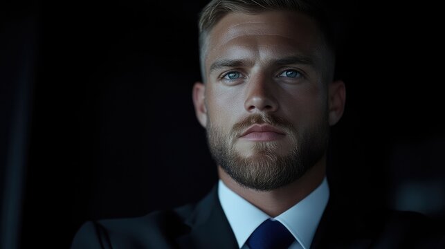 Close-up portrait of a confident businessman with a beard and blue eyes wearing a classic suit and tie against a dark background.
