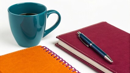 Close up of green glass next to journal books and pen on white background