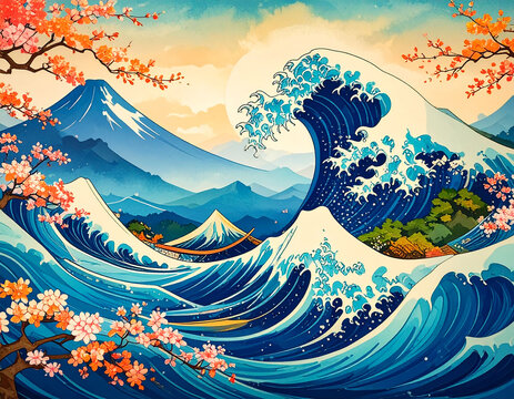 Abstract Ocean Power Sunset and Waves Fusion