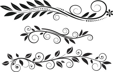 Elegant Floral Divider and Swirl Ornament Line Design Set. Decorative Line Flourishes and Vintage Calligraphic Elements. Black Floral Divider and Filigree Ornament Line Art Collection