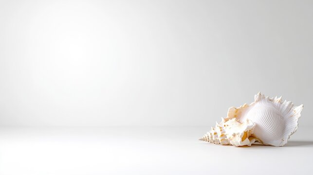 Single elegant murex seashell sits on a clean white surface with ample copy space.