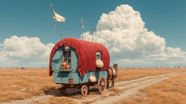 Traditional gypsy cart driven by a horse along a dusty road