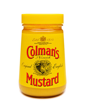 Colmans Mustard jar isolated against a white background. A traditional and popular British brand. July 27, 2024, United Kingdom