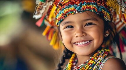Fototapeta premium A young girl wearing colorful beaded headdress and necklace smiling in front of a blurred green background.
