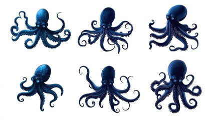 Six Stylized Illustrations Octopuses White