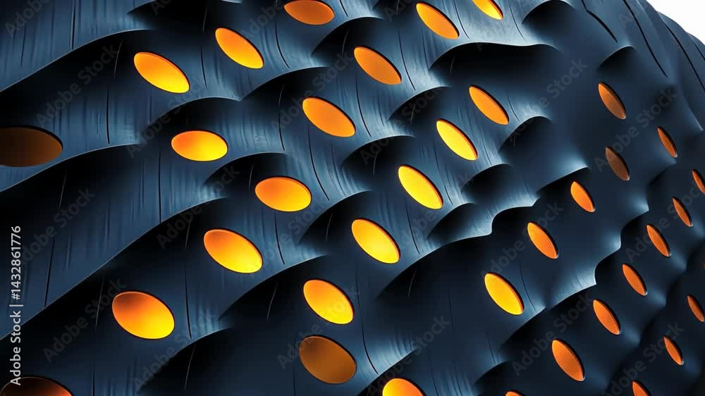 Poster exploring the unique design of a modern building with captivating patterns and glowing lights in the
