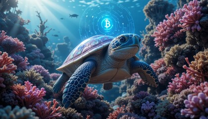 Obraz premium Sea Turtle In Colorful Underwater Scene With Glowing Digital Symbol