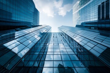 A low-angle view of modern skyscrapers with glass facades reflecting a bright blue sky, Modern skyscrapers with sleek glass facades
